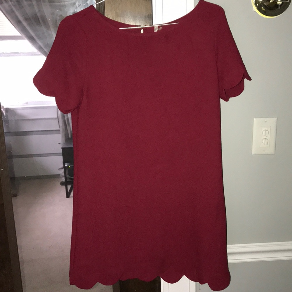 Red shift dress with scalloped edges